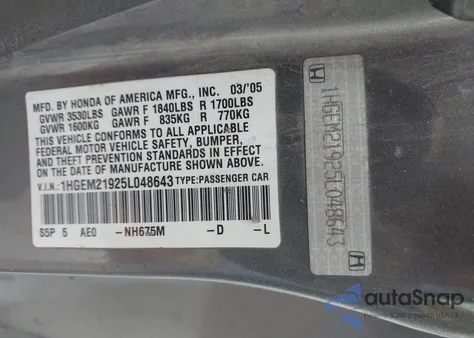 2005 Honda Civic Ex z USA, uszkodzony, nr VIN 1HGEM21925L048643